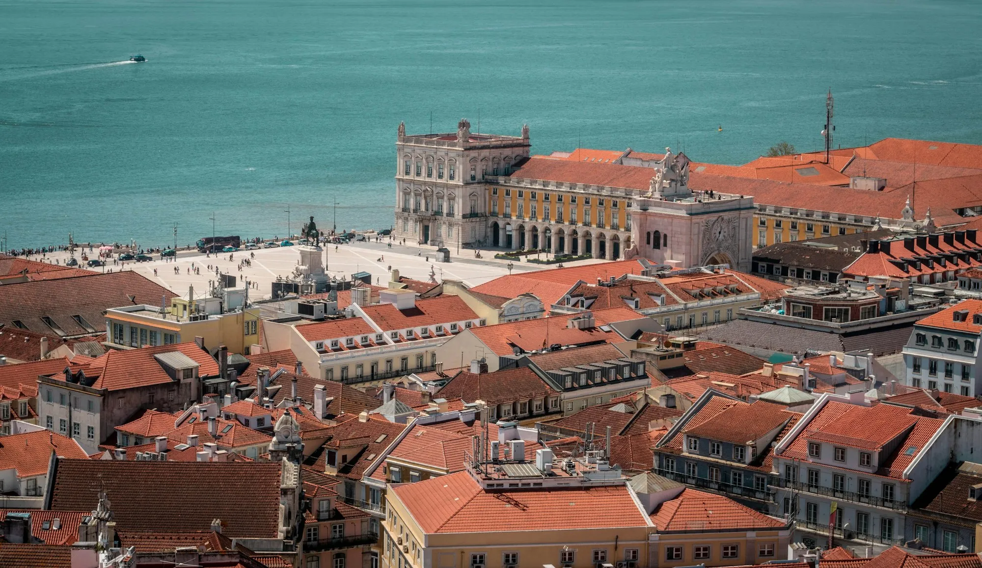 Lisbon rooftops and the riverside square from above